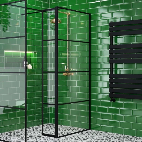 metro dark green wall tiles in a bathroom, gloss finish in 100x200mm with a beveled edge.