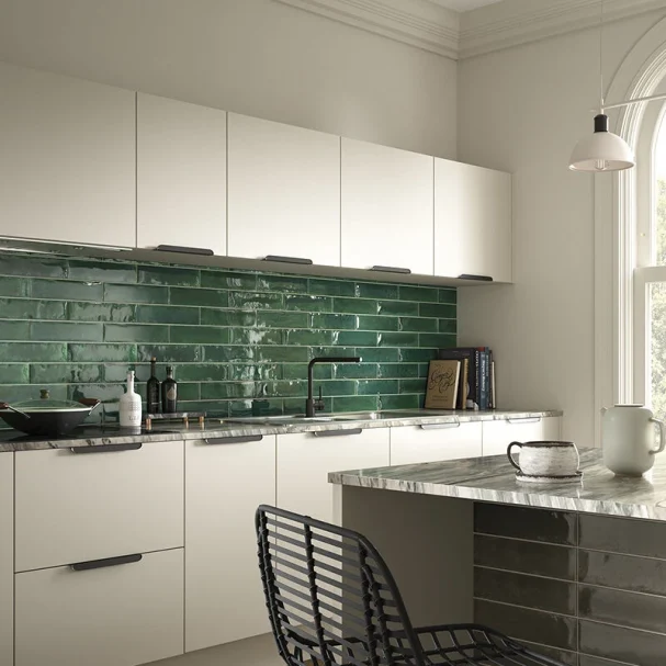 rustic green ceramic wall tile 75x300mm, tiled on to a kitchen splashback