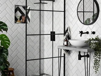 white subway tiles in a bathroom with black accessories