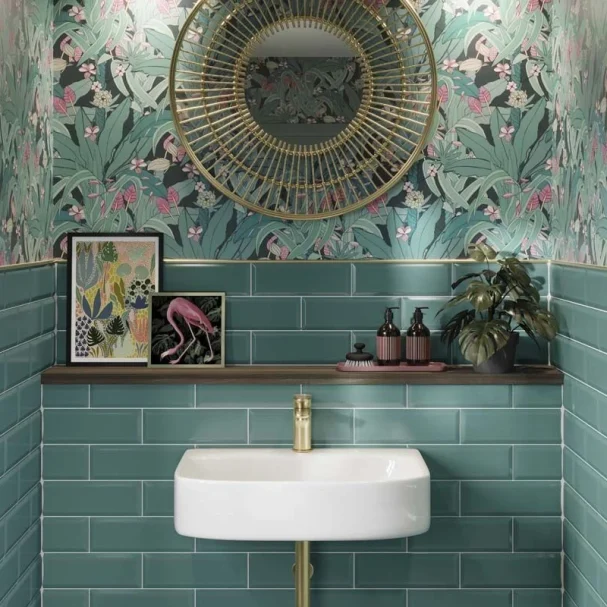 metro tiles turquoise 100x300mm wall tiles in bathroom on a wall with botanical wall paper