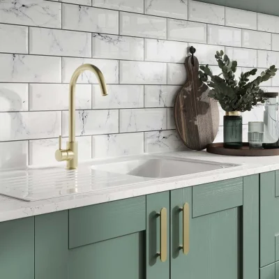 marble effect metro wall tile on a kitchen splash back