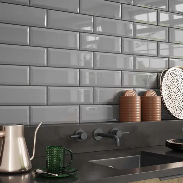 metro light grey wall 100x300mm tile beveled edge in gloss on a kitchen splashback