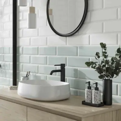 metro mint green wall tile on a bathroom wall 100x300mm